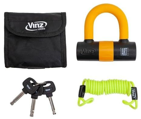 VINZ Dinara Bremsscheibenschloss ART4 | Schloss für Motorrad Roller Moped Scooter für Bremsscheiben mit Errinerungskabel | Scheibenschloss mit 3 Schlüssel | Orange