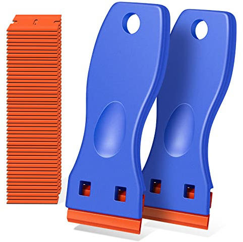 Plastic Razor Blade Scraper, 2 Pack Razor Scraper with 120 Pcs Razor Blades for Removing Glue, Sticker, Decals, Tint from Car Window and Glass(Blue)