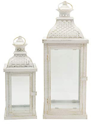 Rebecca Mobili Set 2 Laternen Mit Weißem Kerzenhalter, Metall PVC, Vintage-Stil, Wohnzimmer im Garten - Maße: 50x19x19 (HxLxB) - Art. RE6555