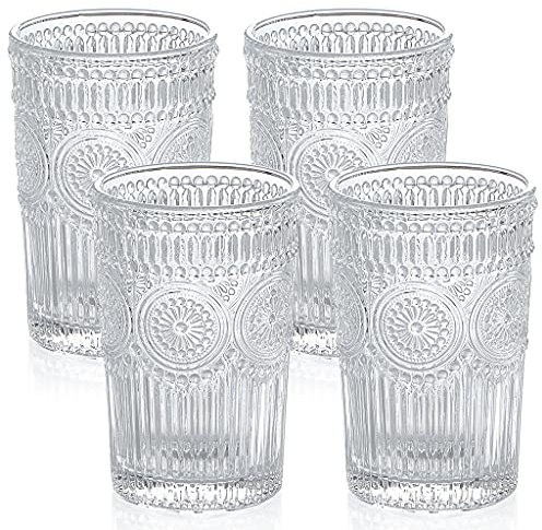 Skelang Verre a eau, verres à boire vintage, verres eau transparent romantique en relief, gobelets en verre pour jus, boissons, cocktail, capacité 370ml, lot de 4