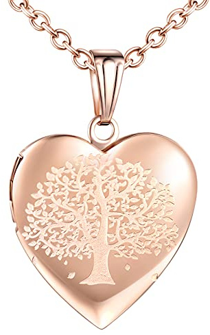 MicVivien Edelstahl Herz-Medaillon Foto Herzkette für 2 Fotos, Herz-Anhänger zum Öffnen Bild/Fotos befüllbar Amulett Halskette mit Einfach/Schmetterling/Lebensbaum Muster - Roségold