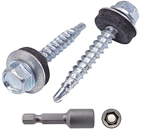 Confezione da 30 viti autofilettanti in acciaio zincato DIN 7504-K da 4,8 mm x 35 mm, testa esagonale con rondelle EPDM, viti per lamiera autofilettanti (30 pezzi da 4,8 x 35 mm)