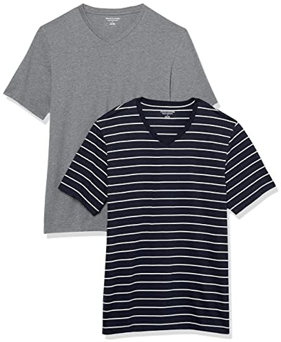 Amazon Essentials T-Shirt da Uomo Regular Fit a Maniche Corte con Scollo a V (Disponibile nelle Taglie Big & Tall), Confezione da 2, Grigio mélange/Blu Navy, M