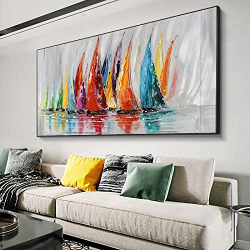 KADING Abstraktes Leinwandbild Buntes Segelboot Gemälde Große Leinwand Ölgemälde Moderne Wandkunst für Wohnzimmerdekor 102x50cm(40x20in) mit Rahmen