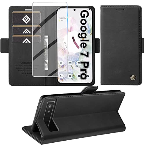 Giyer Handyhülle für Google Pixel 7 Pro Mit Schutzfolie, Standfunktion, Kartenfach - Premium Leder Schutzhülle, Flip Case Cover Klapphülle (Schwarz)