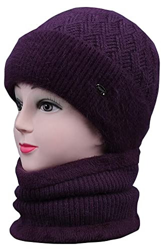 Jingyun Wintermütze mit Lätzchen für Frauen Weich gefütterte Wintermütze Kit für Erwachsene Ältere Streifenmuster Strickmütze -Tiefes Lila
