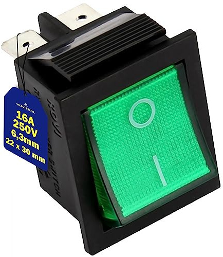 Interruptor Bipolar Verde Luminoso 250V 16A 4 Fastons 6,3mm 22x30mm | Cuerpo Negro Garantía de 10 Años - MONTERAL