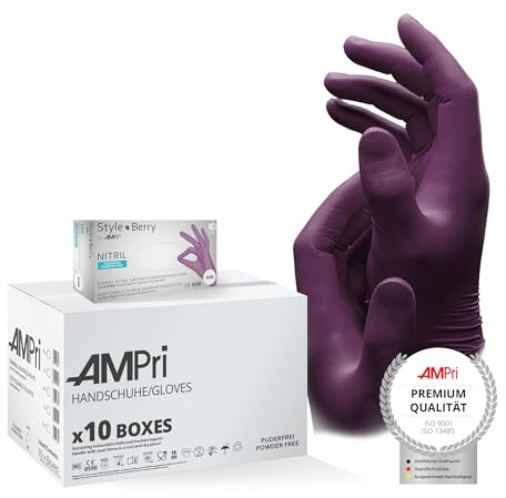 AMPRI Nitrilhandschuhe, lila, 10 Box a 100 Stk, Größe M, puderfrei, Style Berry by Med-Comfort: Nitril Einmalhandschuhe, Einweghandschuhe in den Größen XS, S, M, L, XL