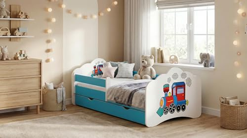 Happy Babies MOBI - Kinderbett 160 x 80 | Bett mit Rausfallschutz & Bettkasten | Jugendbett mit farbigem Aufkleber | Kinderbett mit Matratze 80x160 | Kinder-Bett für Mädchen & Jungen BLAU (M16)