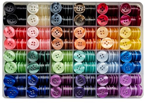 24 Farben Knöpfe Set - Größe: 20 mm 32L - 288 Stück mit runden 4-Loch Knopf aus Kunstharz Perlglanz in praktischer Aufbewahrungsbox