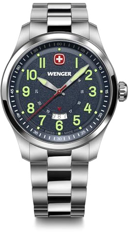Wenger Men’s Watch Terragraph Ø 43 mm, Swiss Made, Analogue Quartz, Water-Resistant up to 100 m, Stainless Steel Strap, Blue/Silver