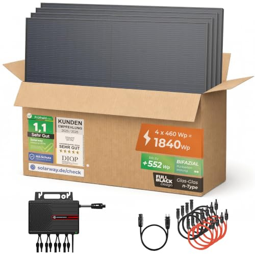 Solarway® 1840Wp / 2000-800W Balkonkraftwerk komplett Steckdose - neuester 2000 Watt Wechselrichter - Solaranlage Komplettset - 460W bifaziale Solarmodule & Envertech & Zubehör