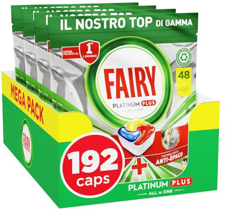 Fairy Platinum Plus Pastiglie Lavastoviglie, 192 Capsule, Limone, Detersivo Con Tecnologia Anti-Opaco, Contro Grasso e Incrostazioni Ostinate Anche nei Cicli Brevi