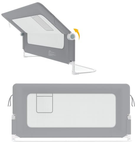 SUBTLETY 1 Seite Baby Bettgitter Umgeklappt Bettschutzgitter Set 72-86cm Höhenverstellbar Rausfallschutz Kinderbettschutzgitter mit Taschen 150cm Bedrail für Baby- & Kleinkinderzimmer (Grau)