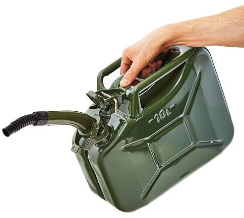 BW® Benzinkanister Metall 10 Liter mit Ausgießer - Kraftstoffkanister Olivgrün - RAL 6003 - TÜV-geprüft und UN-Zulassung - 0,9mm Stahl nach DIN 7274 - Made in Europe