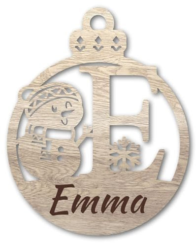 Urhome Weihnachtskugel personalisiert mit Wunschtext Gravur Buchstabe E mit Schneeman Motiv Hell Braun - Ornament Christbaumschmuck Weihnachtsdeko Weihnachtsbaum Anhänger aus 3mm Holz