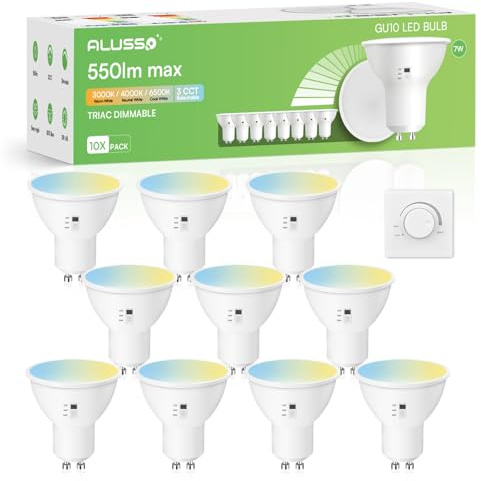 ALUSSO GU10 LED Dimmbar 7W Lampe, 3CCT Einstellbar Warmweiss/Naturweiss/Kaltweiß Glühbirnen, 550lm Energiesparlampe Ersetzt 70W Halogen Leuchtmittel, 120° Abstrahlwinkel LED Bulb, 10 Stück