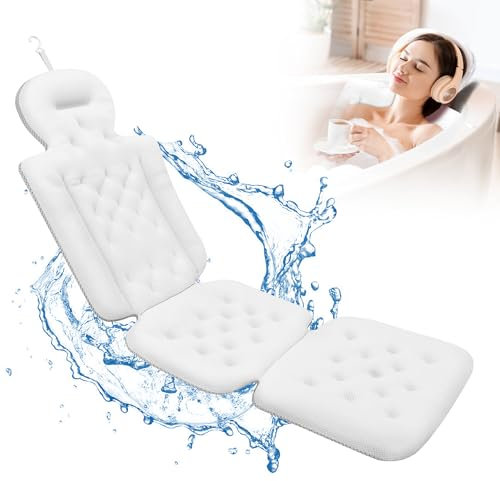Almohada de baño de cuerpo completo, cojín de baño de lujo con 192 ventosas, almohadas de baño para bañera para soporte de cabeza y cuello, con bolsa de lavandería blanca, 51 x 16 pulgadas