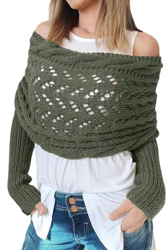 CCAIPU Halsduk med ärmar för kvinnor, vinter mjuka sjalar och halsdukar med ärmar, stickad kabelwrap ihålig förlängande dubbelärm sjal halsduk, gRÖN, one size