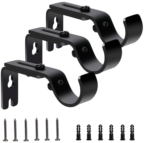 Support de Tringle à Rideaux, 3 Pièces Supports Murale Réglables en Métal avec Vis et Chevilles pour Tringle à Rideau ø20-25 mm Fixation de Maison Chambre Bureau (Noir)