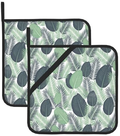 YHBLYKXP Set di 2 presine verdi con stampa di foglie tropicali, resistenti al calore, per barbecue e cottura
