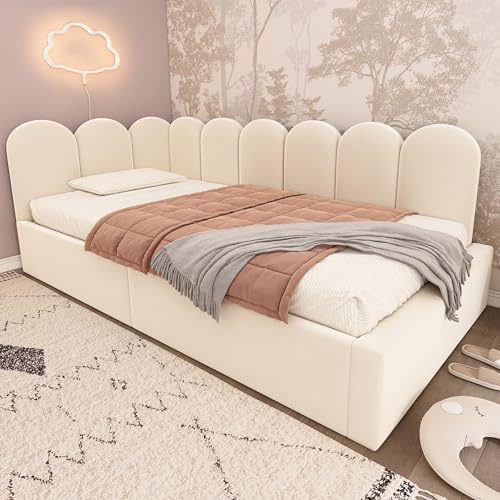 HOXINBLY Bett 90x200 mit hydraulischem Stauraum, Schlafsofa mit Seitenteile sind austauschbar, Polsterbett mit Metall Lattenrost, Kinderbett 90x200 Aus Samt Beige(Ohne Matratze)