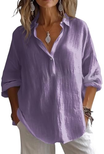 shownicer Camicia Lino Donna Maglietta Estiva Maniche Lunghe Camicetta in Lino Cotone Scollo a V Camicia Leggera Blusa Tinta Unita Curvy Tshirt