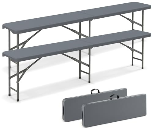 GOPLUS Banco Plegable Portátil para 4 Personas, Asiento Exterior Interior con Asa de Transporte, Banco Jardin Impermeable para Deportes Picnic Fiesta Camping Barbacoa (180x30x43 cm,Gris)