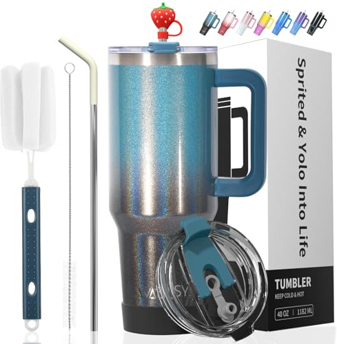 WATERSY 30oz Kaffemugg att ta med Termosmugg Dubbelväggig rostfritt stål Vakuum Läckagesäker Dryckesmugg med handtag och sugrör Thermo Tumbler Deux Svart Blå Glansigt