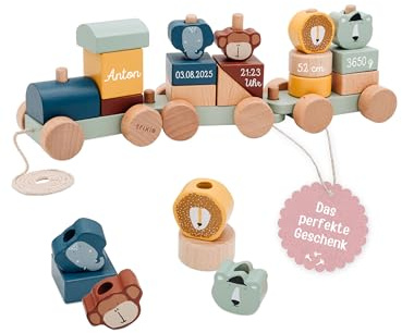 wunderwunsch Trixie Geburtstagszug personalisiert, Geburtstagsgeschenk Junge und Mädchen, Motorikzug, Motorikspielzeug für Baby und Kleinkind, Taufgeschenk, Geschenk zur Geburt (blau)