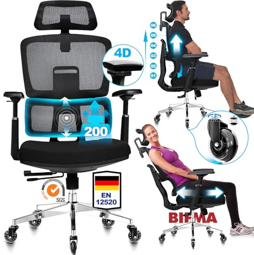 MELOKEA Bürostuhl Ergonomisch 200KG | 6P Verstellbare Rückenlehne | 4D-Armlehnen | Leises Gummirollen | Sitztiefe Verstellbar | Schreibtischstuhl Große Menschen | Ergonomisch Testsieger | EN12520