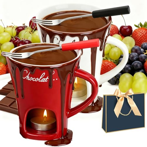 Tasse à chocolat fondu, tasse à chocolat avec fourchettes, tasse à fondue au chocolat, tasse à chocolat chaud, tasse à chocolat avec bougie, à utiliser avec du chocolat fondu ou du fromage (Blanc+