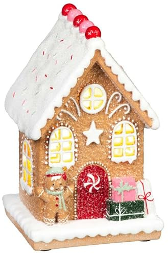 New LED Small Light Up Gingerbread House Christmas Decoration with Presents, Snow-Topped Cottage Design, LED Christmas Village Houses Decoration, Gingerbread House Ornament for Holiday & Home Decor.