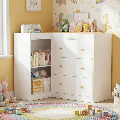 PAKASEPT Modern Nursery Changing Table, Corner Baby Dressing Table with 3 Drawers and 2 Open Shelves, Multi Functional Diaper Changing Station for Children's Rooms,Nursery