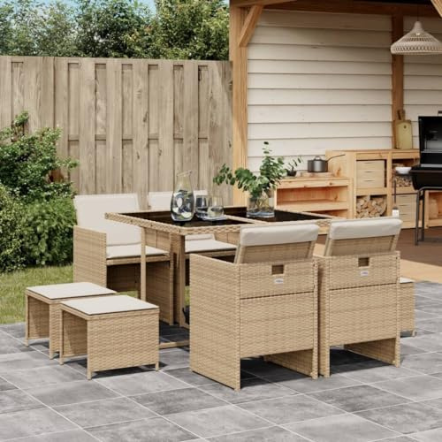 Woonisher Gartenmöbel Set 9-TLG. Essgruppe Beige, Esstisch mit 6 Stühlen Set Eckbankgruppe, Terrassenmöbel Außen Poly Rattan mit Kissen für Garten Terrasse