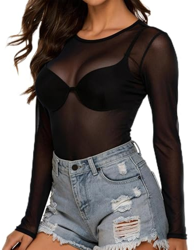 Xiansini Women's Mesh Top, Long Sleeve Sheer Tops Transparent, Mesh Tops for Women, Sexy Tops for Women, Stretchy Sheer T-Shirts, Anti-Pilling, No Snagging