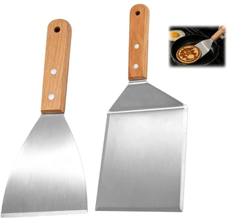 2 Pièces Spatule Grill Acier Inoxydable Manche Bois, Grande Spatule Burger & Spatule Inclinée Plancha, pour Barbecue Teppanyaki Steak