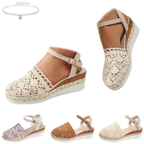 Espadrillas a punta chiusa da donna, con plateau, ortopedico, in pizzo, zeppe, ampia larghezza, con cinturino alla caviglia regolabile, per spiaggia, matrimoni, vacanze, sandali a punta chiusa, bianco