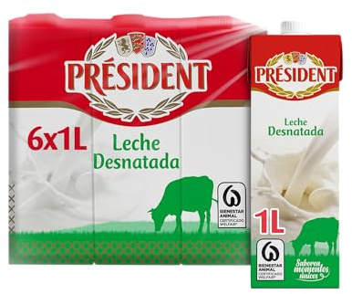 Président - Leche Président Desnatada, Leche Natural de Galicia, Fuente de Calcio y Proteínas, Sin Gluten, Bienestar Animal, Pack 6 x 1 L