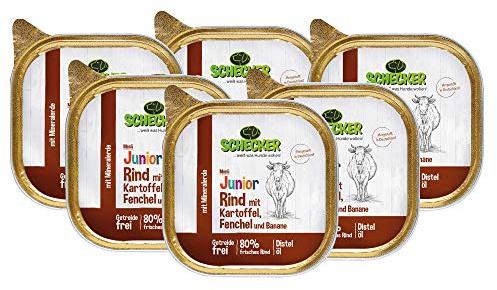 Schecker 6 x 200g Hundemenü Junior mit 80% Rind mit Kartoffel Fenchel und Banane Spezielle Kost für Welpen in der Wachstumsphase