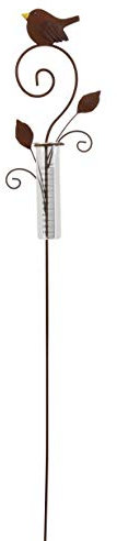 FRANK FLECHTWAREN Gartenstecker Regenmesser 16x108 cm Glas Messbecher Metall Rostoptik Vogelmotiv dekorativer Regenmesser