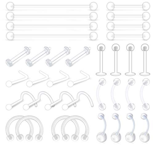 VCMART 36er Piercing Retainers Set Bioflex Lippe Nase Augenbraue Zunge Bauchnabel Ohr Piercing Kit Plastik