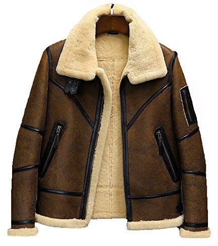 Denny&Dora Herren Schaffell Jacke B3 Fliegerjacke Kurzer Schaffell Mantel Bomberjacke Braun Lederjacke (Braun, M)