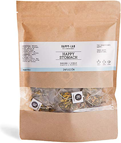 HAPPY LAB HAPPY STOMACH herbal tea whole flowers naturally caffeine free - Kraft doypack 25 biodegradable pyramid teabag - BIO USDA Organic, digestive and diuretic herbal tea to drink when facing stomach ache
