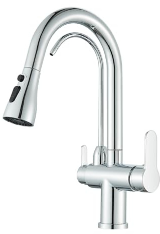 JUNSHENG Rubinetto lavello da Cucina 3 Vie Con Filtro Per L'acqua, con Doccetta Estraibile Girevole a 360° 3 in 1 Miscelatore, Cromato…