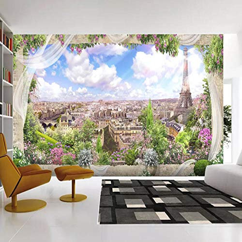 Fotomural 3D Ventana París Torre Eiffel Ciudad Paisaje Mural-200Cmx140Cm