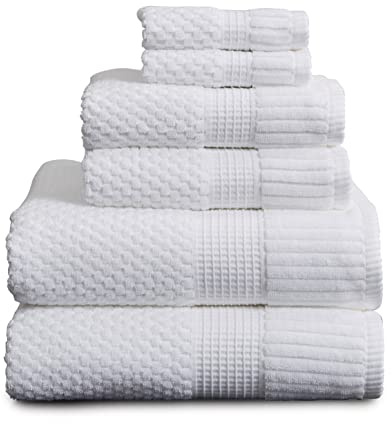NY Loft 100% Cotton 6 Piece Bath Towel Set | White Towels | Oeko-TEX® Standard 100 | Soft & Absorbent, Quick-Dry | 2 Bath Towels 2 Hand Towels and 2 Washcloths | Trinity Collection - White