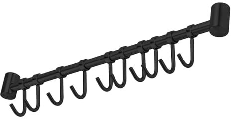 INTIRILIFE Hängeleiste für die Küche aus Edelstahl mit 10 beweglichen Haken zum Bohren schwarz - 52.6 x 3.4 x 2.2 cm - Küchen Reling Hakenleiste Halter Küchen Utensilien Stange Wandhalterung