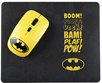 WONDEE Pack 2 en 1 de Souris et Tapis de Souris sans Fil avec Un Motif du Dessin animé Batman en Jaune et Noir WBTMCO001 Multicolore