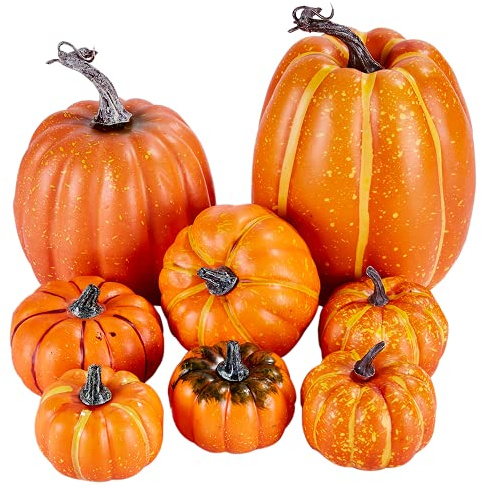 Ywlake Package of 8 Pcs Large Assorted Sizes Autumn Harvest Orange Artificial Pumpkins for Fall Halloween Thanksgiving Decorating Embellishing and Displaying